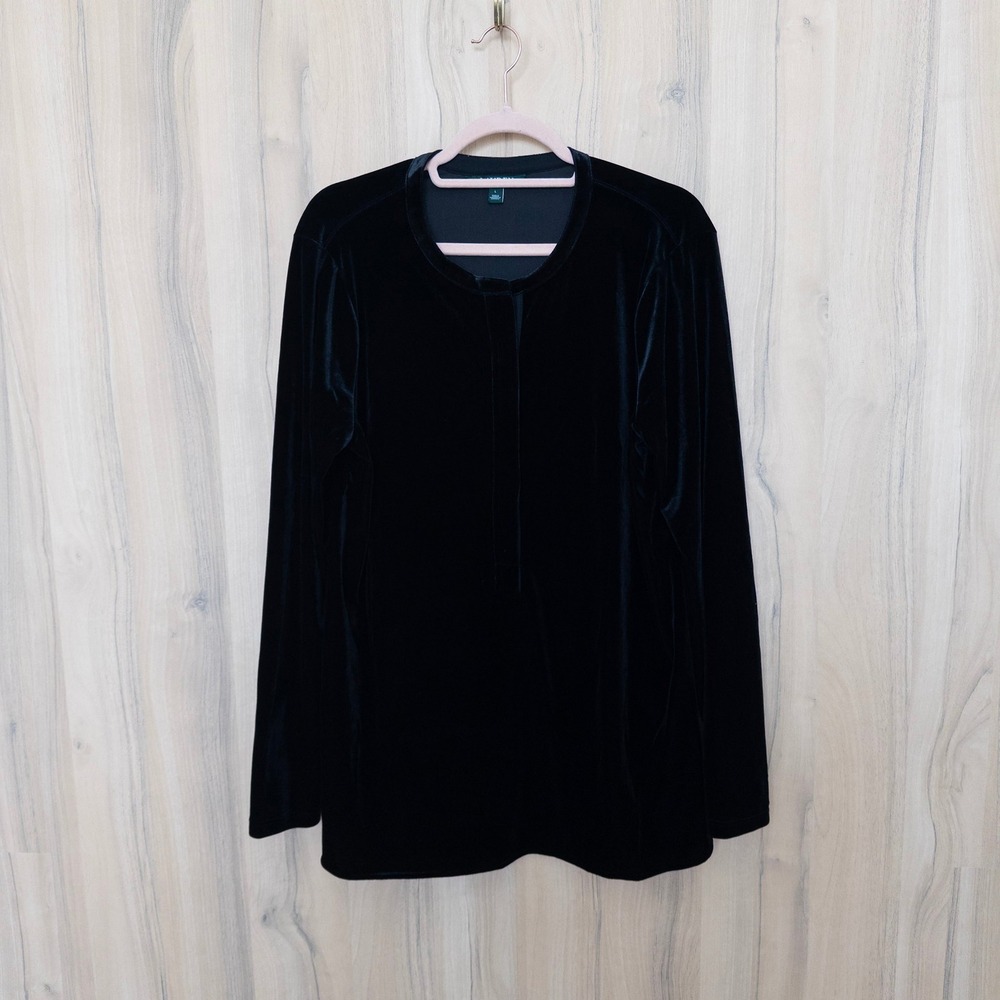 Lauren Ralph Lauren Womens Velvet Top L Black Long Sleeve Classic Evening Chic